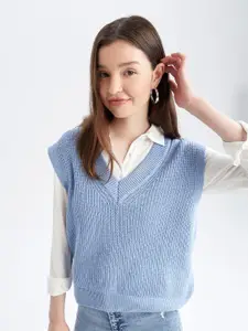 DeFacto Women Blue Ribbed Crop Sweater Vest