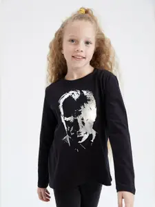 DeFacto Girls Black Printed Pure Cotton Sweatshirt