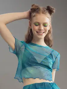 DeFacto Women Teal Self Design Sheer Crop Top