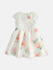 Pantaloons Junior Girls Off White Floral Printed A-Line Cotton Dress