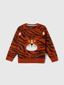max Boys Red & Black Animal Printed Acrylic Pullover