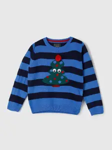 max Boys Blue & Black Striped Embellished Detail Acrylic Pullover