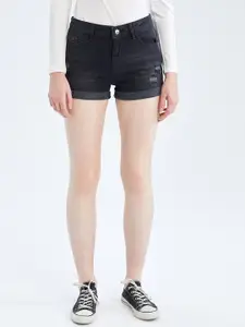 DeFacto Women Black Washed Cotton Denim Shorts