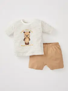 DeFacto Boys White & Brown Pure Cotton Striped T-shirt with Shorts
