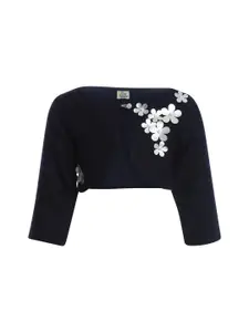 A Little Fable Girls Navy Blue & White Solid Wool Crop Shrug