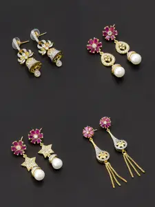 aadita Women Pack Of 4 White & Pink Contemporary Drop Earrings