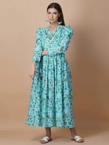 GULAB CHAND TRENDS Blue Floral Printed Fit & Flare Cotton Dress