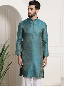 SOJANYA Men Teal & Gold-Toned Jacquard Kurta