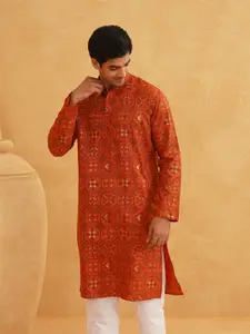 SOJANYA Men Orange & Black Geometric Printed Kurta
