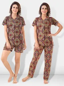 Be You Women Brown & Red Printed Pajama & Shorts with Shirt Night Suits