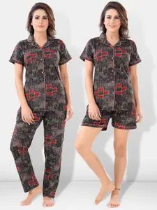 Be You Women Black & Red Printed Pajama & Shorts with Shirt Night Suits