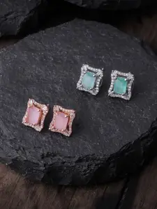 Brandsoon Pack Of 2 Sea Green & Pink Rose Gold-Plated AD-Studded Square Studs Earrings