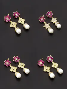 aadita Pink & Gold-Plated Set of 4 Contemporary Drop Earrings