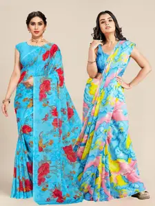 MS RETAIL Pink & Blue Pack of 2 Floral Printed Pure Georgette Sarees