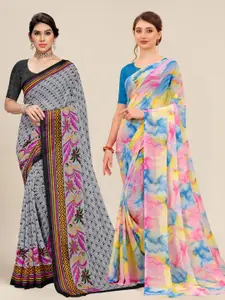 MS RETAIL Grey & Pink Pack of 2 Printed Pure Georgette Sarees