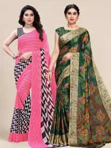 MS RETAIL Pink & Green Pack of 2 Printed Pure Georgette Sarees