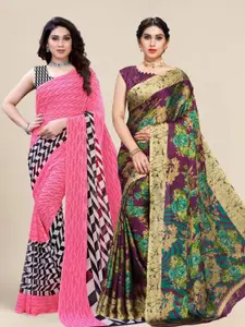 MS RETAIL Pink & Purple Pack of 2 Printed Pure Georgette Sarees