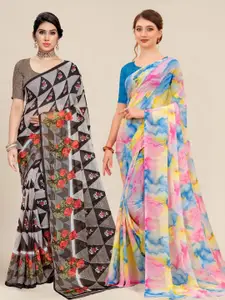 MS RETAIL Brown & Blue Pack of 2 Printed Pure Georgette Sarees