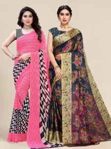 MS RETAIL Pink & Navy Blue Pack of 2 Printed Pure Georgette Sarees