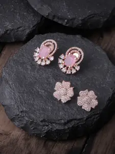 Brandsoon Pack Of 2 Pink & White Rose Gold-Plated AD-Studded Floral Studs Earrings
