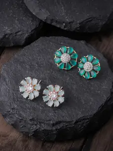 Brandsoon Pack Of 2 Sea Green & White Rose Gold-Plated AD-Studded Floral Studs Earrings