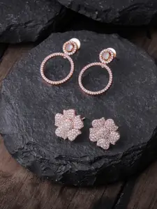Brandsoon Pack Of 2 White & Rose Gold Plated AD-Studded Floral Studs & Drop Earrings