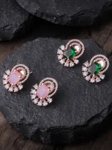 Brandsoon Pack Of 2 Pink & Green Rose Gold-Plated AD-Studded Contemporary Studs Earrings