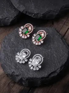 Brandsoon Pack Of 2 White & Green Rose Gold-Plated AD-Studded Contemporary Studs Earrings