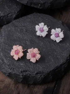 Brandsoon Pack Of 2 White & Pink Rose Gold-Plated AD-Studded Floral Studs Earrings
