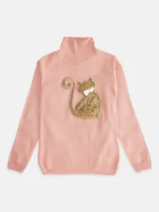 Pantaloons Junior Girls Peach-Coloured & Brown Embroidered Pullover