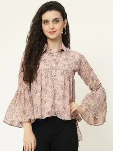 MISS AYSE Women Peach-Coloured Floral Print Georgette Shirt Style Top