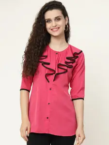 MISS AYSE Women Pink & Black Ruffles Crepe Shirt Style Top