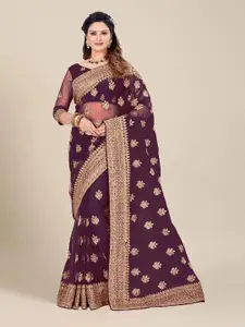 MS RETAIL Mauve & Gold-Toned Floral Embroidered Net Heavy Work Saree