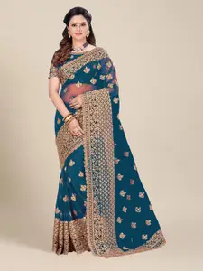 MS RETAIL Blue & Gold-Toned Floral Embroidered Net Heavy Work Saree