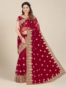 MS RETAIL Maroon & Gold-Toned Embellished Embroidered Net Heavy Work Saree