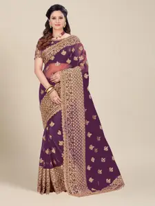 MS RETAIL Purple & Gold-Toned Floral Embroidered Net Heavy Work Saree