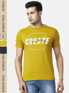 People Men Mustard Yellow & Navy Blue Pack Of 2 Printed Pure Cotton T-shirt