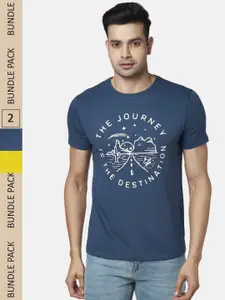 People Men Blue & Mustard Yellow Pack Of 2 Printed Pure Cotton T-shirt