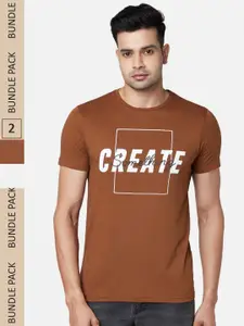 People Men Brown & Off White Pack of 2 Printed Pure Cotton T-shirt