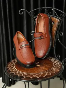 MUTAQINOTI Men Tan Brown Textured Vegan Leather Formal Slip-On Shoes
