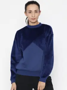 Puma Women Blue Solid Fabric Block Crew Sweatshirt