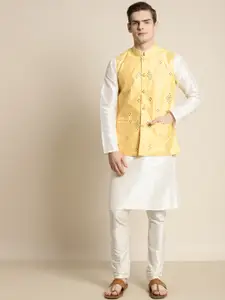SOJANYA Men Off White Embroidered Mirror Work Kurta with Churidar