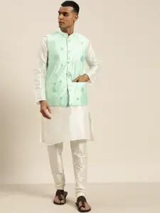 SOJANYA  Off White & Sea Green Silk Blend Kurta with Churidar