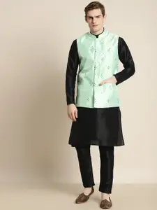 SOJANYA Men Solid Kurta with Churidar & Mirror Work Nehru Jacket