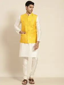 SOJANYA Men Cream-Coloured Kurta with Churidar with Nehru Jacket