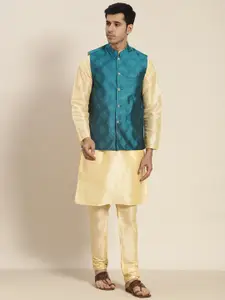 SOJANYA Men Gold-Toned Kurta with Churidar with Nehru Jacket