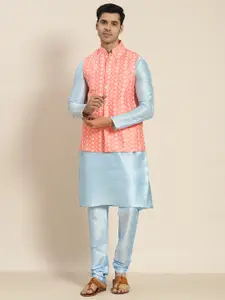 SOJANYA Men Blue Embroidered Kurta with Churidar with Nehru Jacket