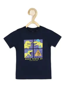 Peter England Boys Navy Blue Printed Cotton T-shirt