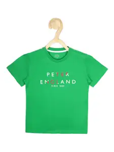 Peter England Boys Green Typography Printed Pure Cotton T-shirt