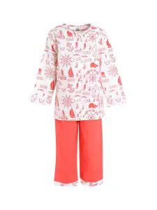 A Little Fable Girls Red & White Conversational Printed Pure Cotton Night suit